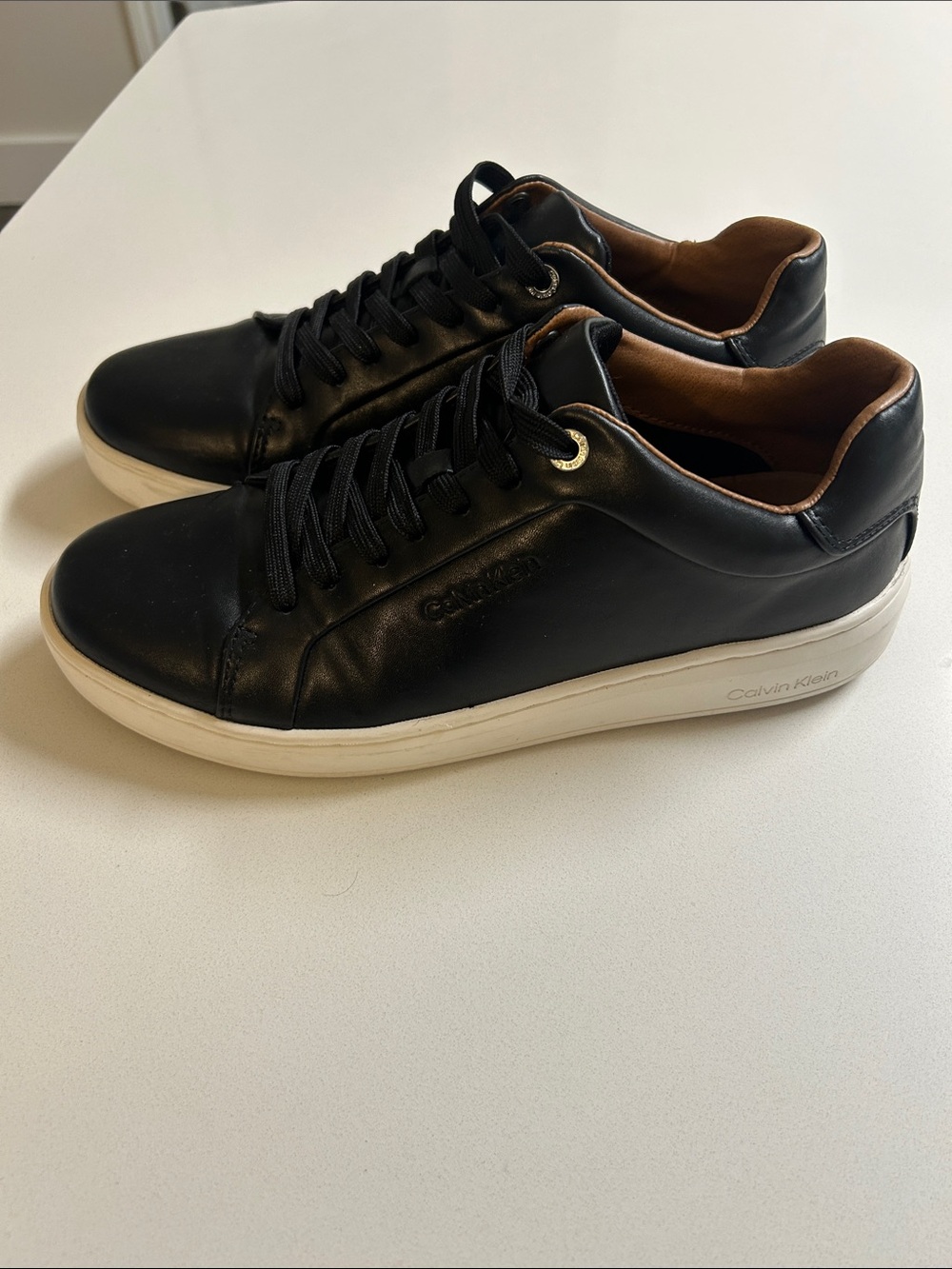 Calvin Klein Black Leather Low-Top Sneakers with White Sole